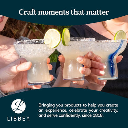 Libbey Blue Ribbon Stemless Margarita Glasses Set of 6 | Artisan-Inspired Mexican Style Margarita Glasses | Handcrafted Blue Ribbon Cocktail Glasses for Margaritas