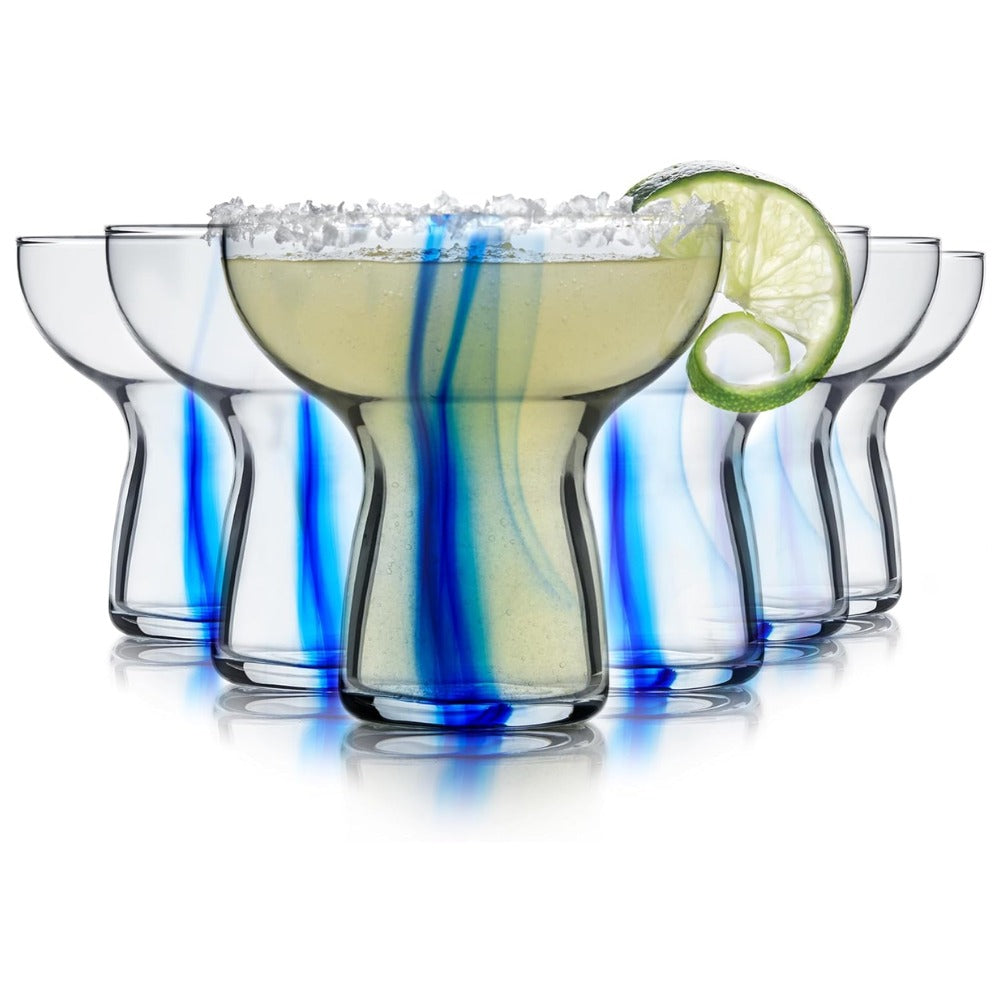 Libbey Blue Ribbon Stemless Margarita Glasses Set of 6 | Artisan-Inspired Mexican Style Margarita Glasses | Handcrafted Blue Ribbon Cocktail Glasses for Margaritas