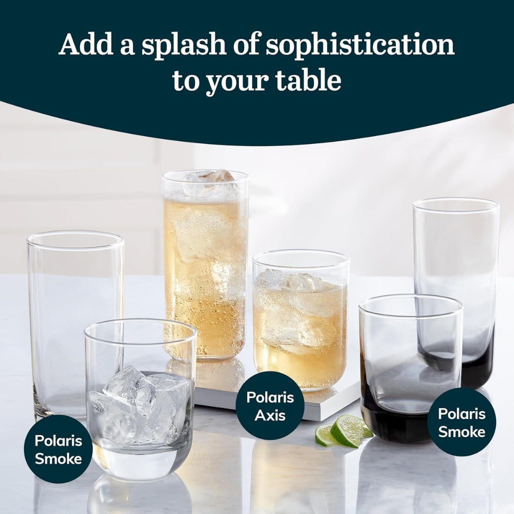 Libbey Polaris Tumbler and Rocks Glass Set of 16 | Smoke Hue Drinking Glasses with Straight-Line Design | Lead-Free Highball & Old Fashioned Glasses for Water