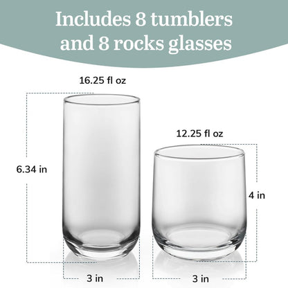 Libbey Ascent Tumbler & Rocks Drinking Glasses Set of 16 | Clear Lead-Free Glass Drinkware Set with 8 Tall Tumblers (16.25 oz) & 8 Rocks Glasses (12.25 oz) | Water, Juice, Cocktails, Whiskey, Everyday Beverage Glasses